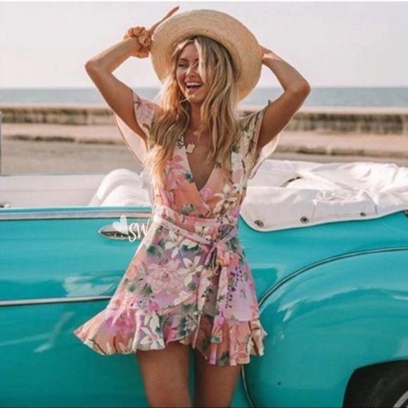 Dresses & Skirts - Boho Vintage Floral Print Ruffle Dress Pink Twirl